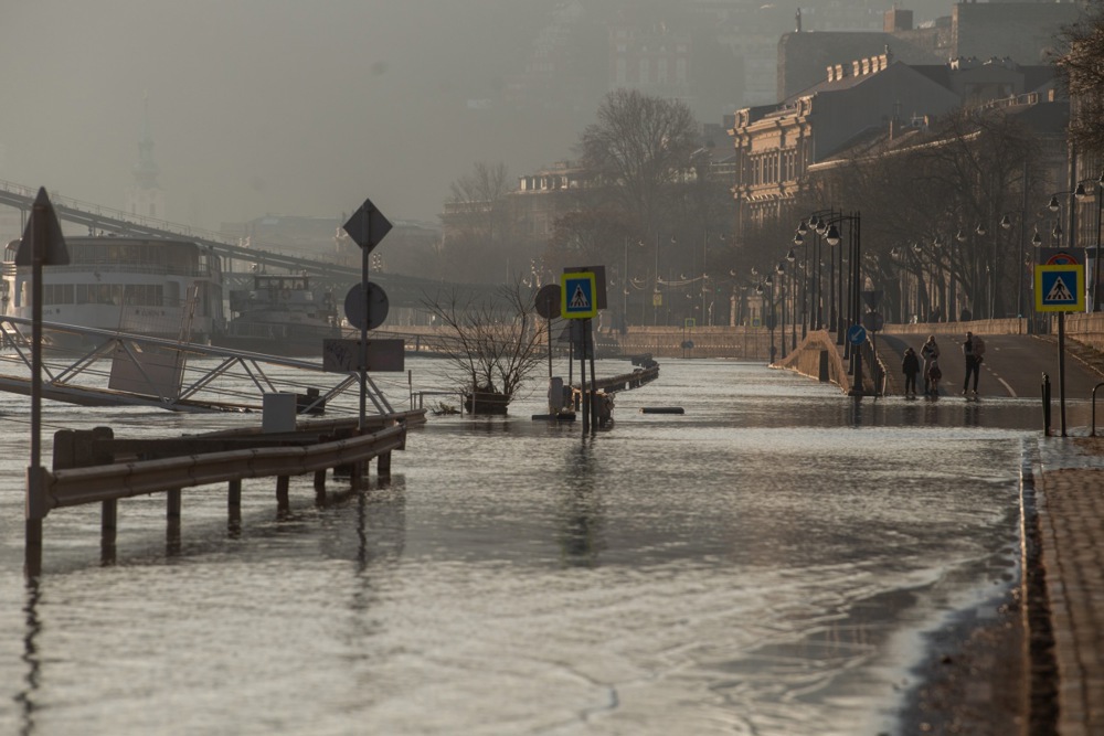 The river Danube floods parts of Budapest following the recent rains and snow