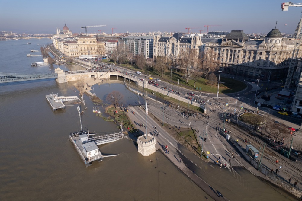 The river Danube floods parts of Budapest following the recent rains and snow